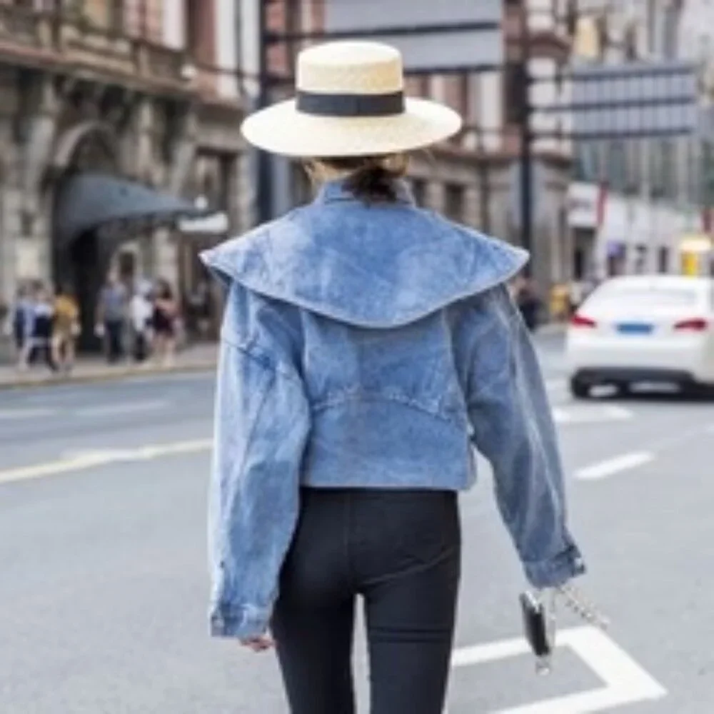 Bold Bib Collar Blue Jean Jacket – Trendy Cropped Cut - Picture 13 of 15
